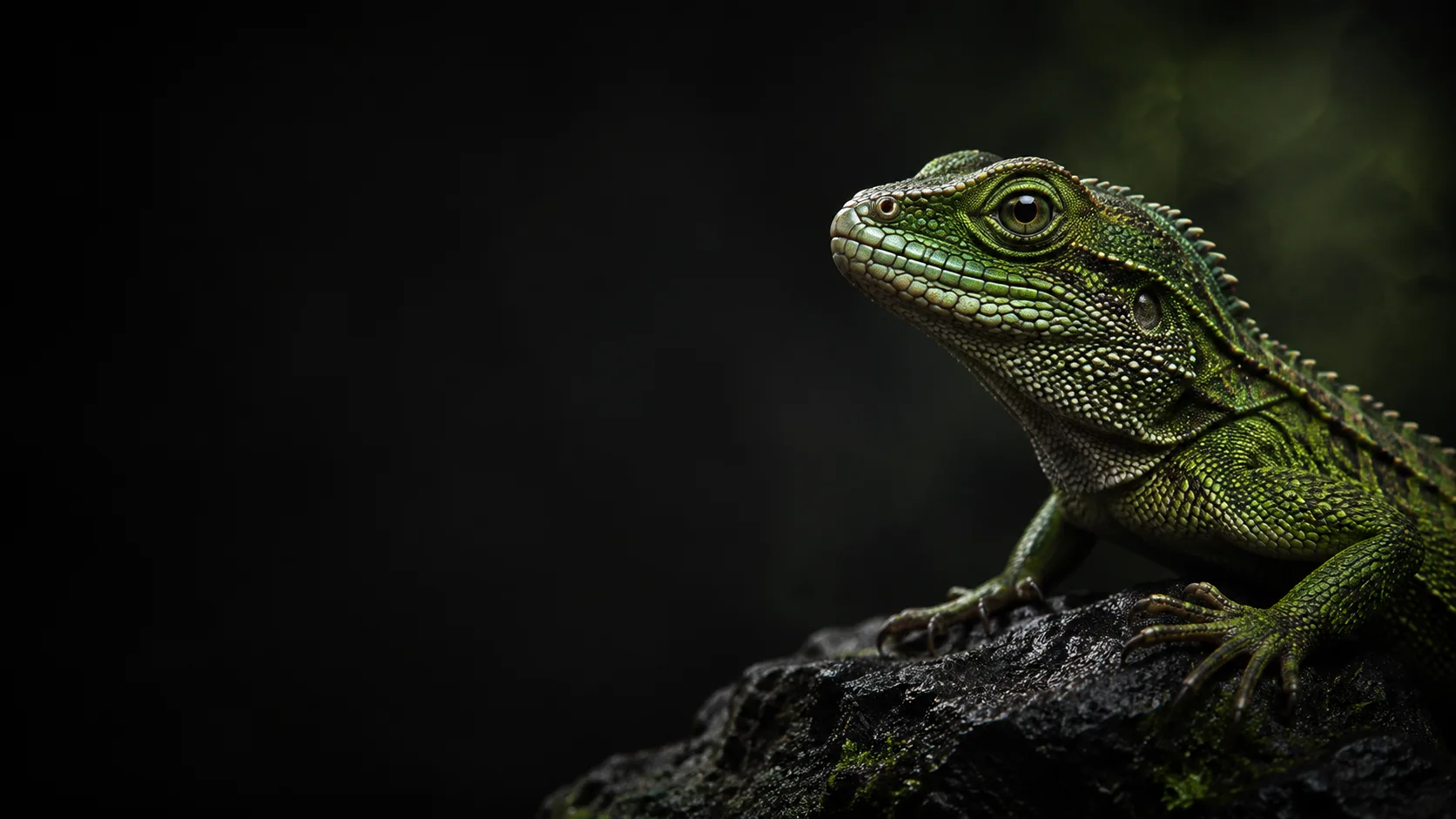 Green lizard resting on a dark rock