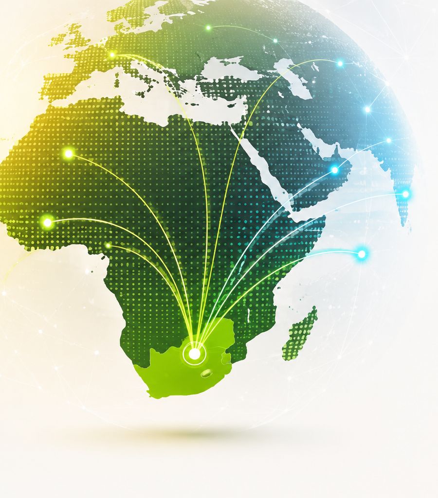South Africa connected through a glowing digital network to international markets