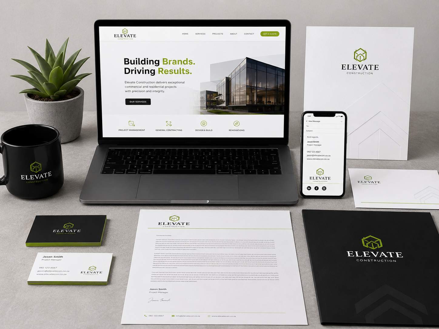 Complete business media package with website, logo, business cards, letterhead, email signature and branded stationery