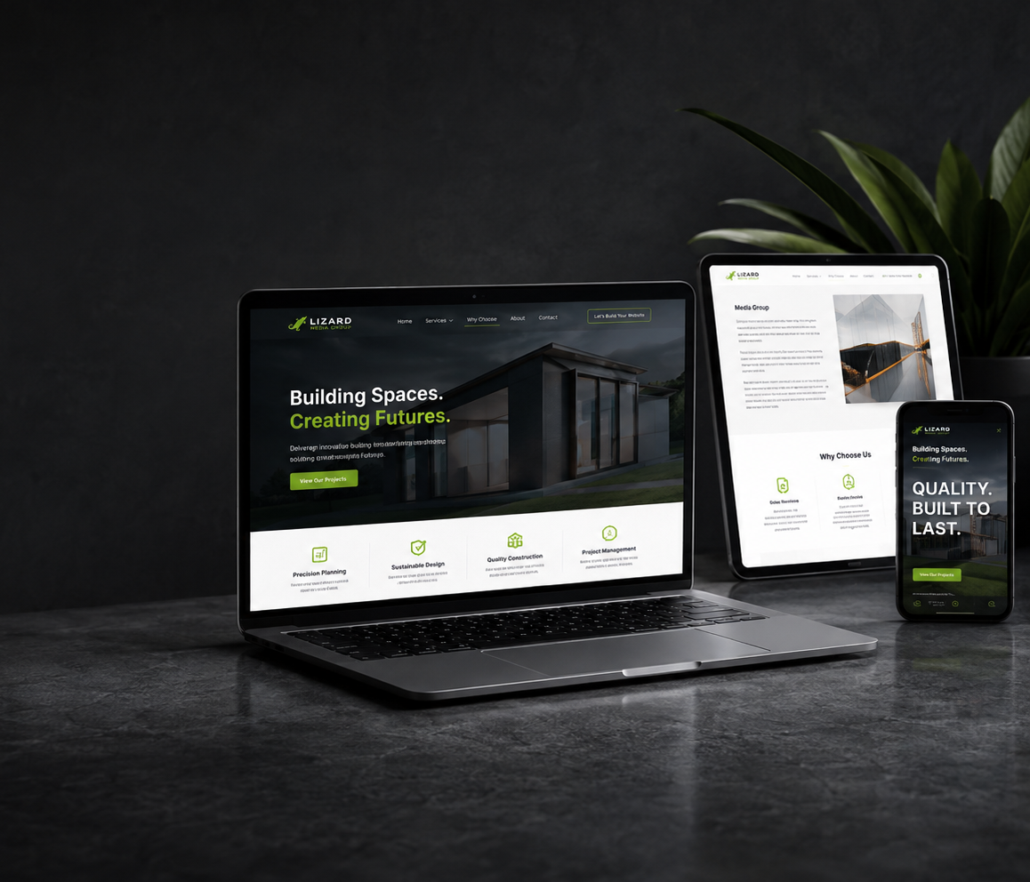 Responsive business website displayed across a laptop, tablet and mobile phone
